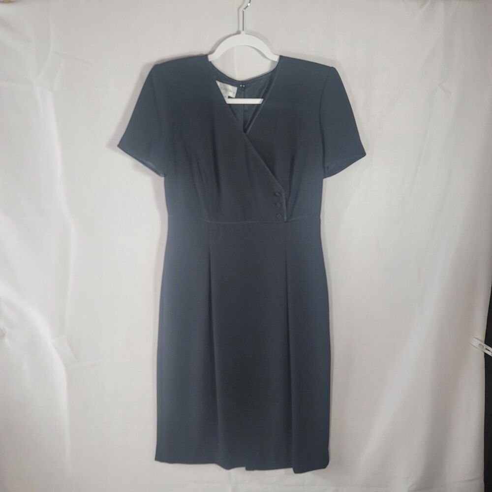 Vintage Maggy London Black Faux Wrap Sheath Dress Satin Trim Buttons Size 6 LBD